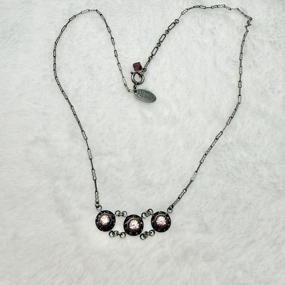 Vintage Liz Palacios SF Pink Crystal Three Flower Pendant Necklace Silver Tone